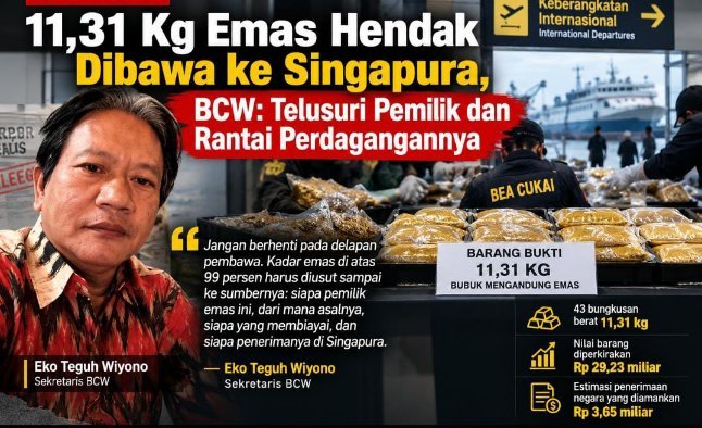 11,31 Kg Emas Hendak Dibawa ke Singapura, BCW: Telusuri Siapa Pemilik Emasnya